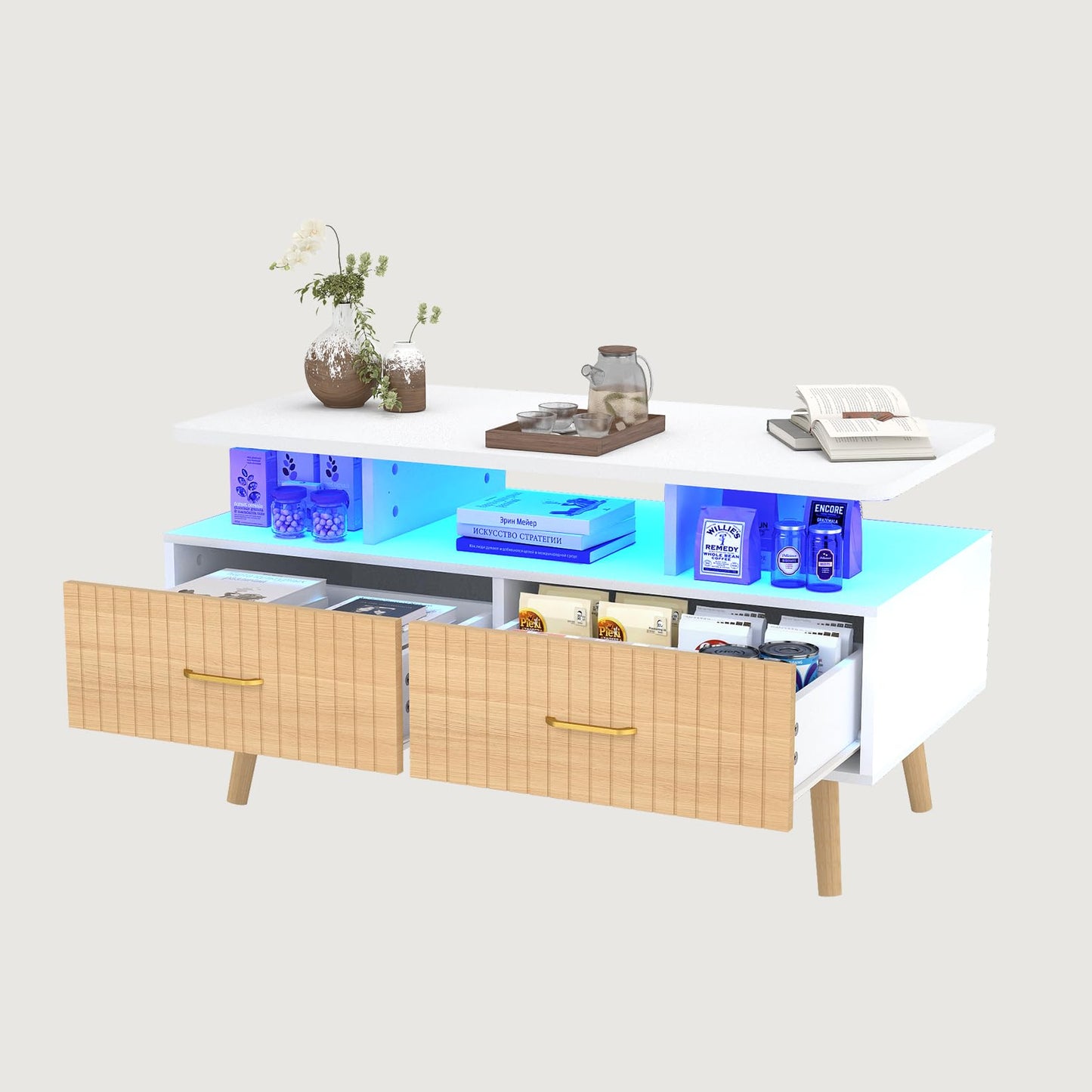 YOSHOOT 37" LED Coffee Tables with Storage, Small Coffee Table