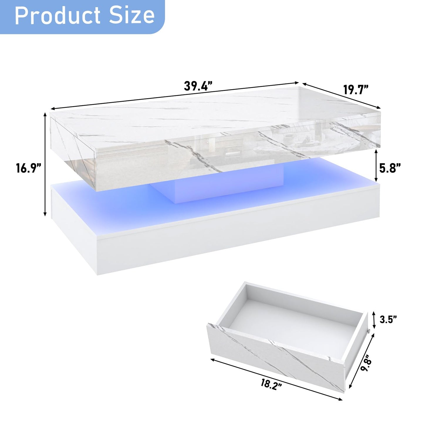 chartustriable 39.4" Large High-Glossy LED Coffee Table with 2 Sliding Drawers, Living Room Storage Coffee Tables with Marbling Print, Modern Stylish Double-Layer Center Tables w/LED Lights, White