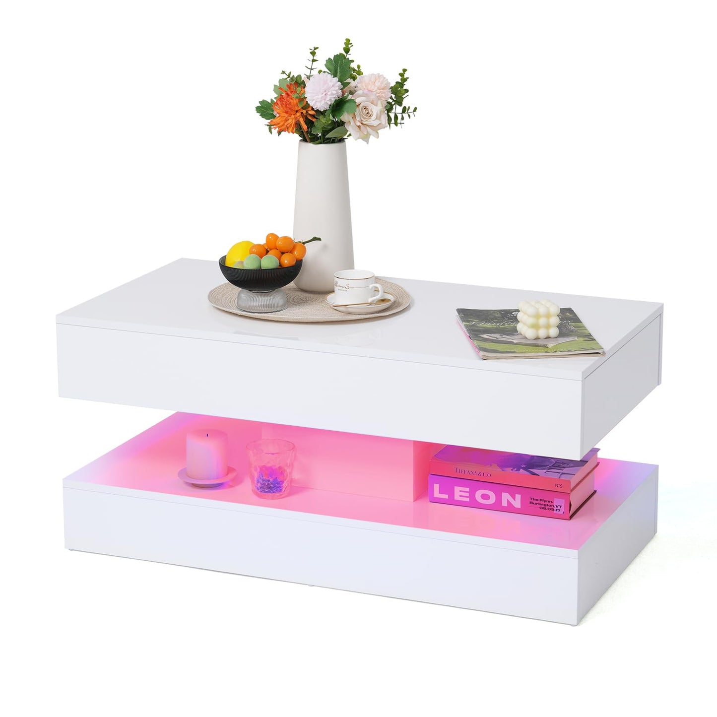 Verano Garden Modern High Gloss LED Coffee Table, 2-Tier Center Table