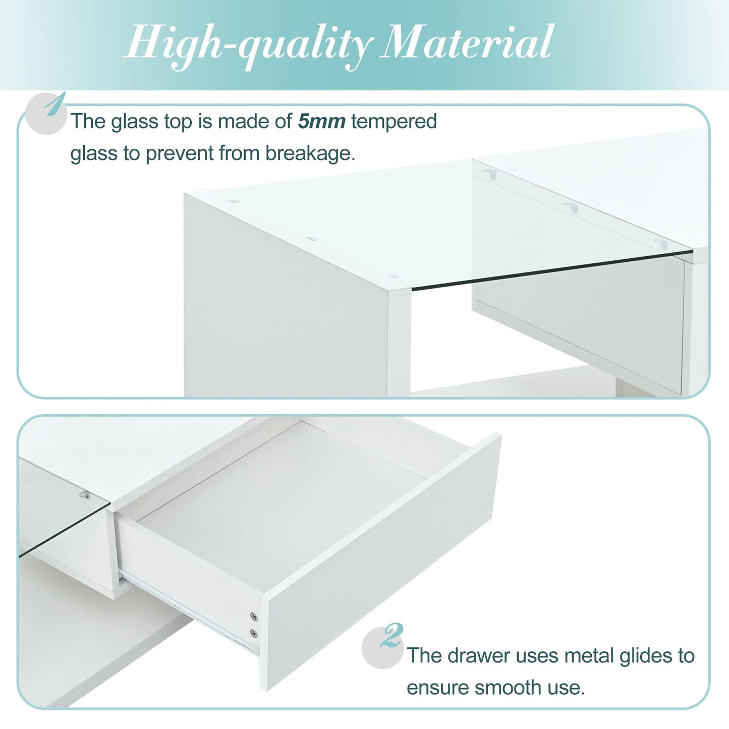 LUMISOL High-Gloss Center Table with Tempered Glass and Storage, White