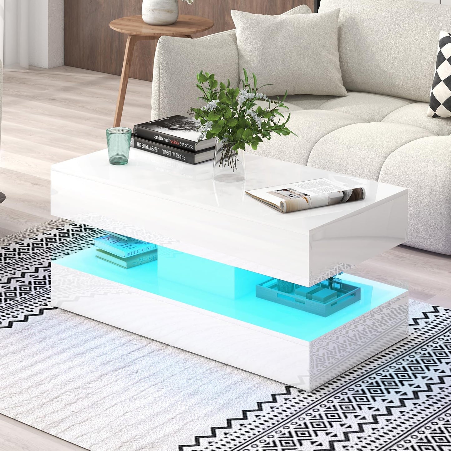 Verano Garden Modern High Gloss LED Coffee Table, 2-Tier Center Table