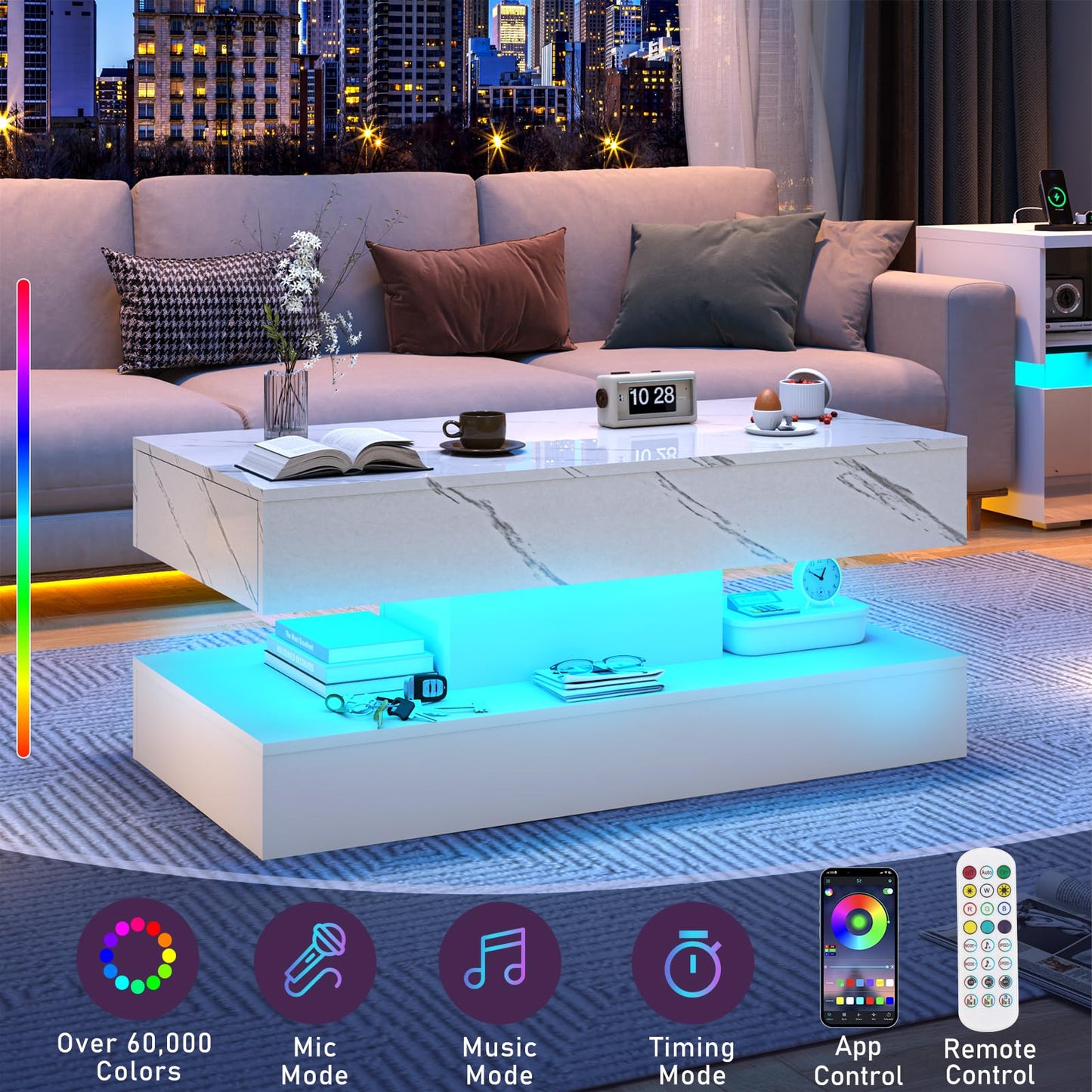 chartustriable 39.4" Large High-Glossy LED Coffee Table with 2 Sliding Drawers, Living Room Storage Coffee Tables with Marbling Print, Modern Stylish Double-Layer Center Tables w/LED Lights, White