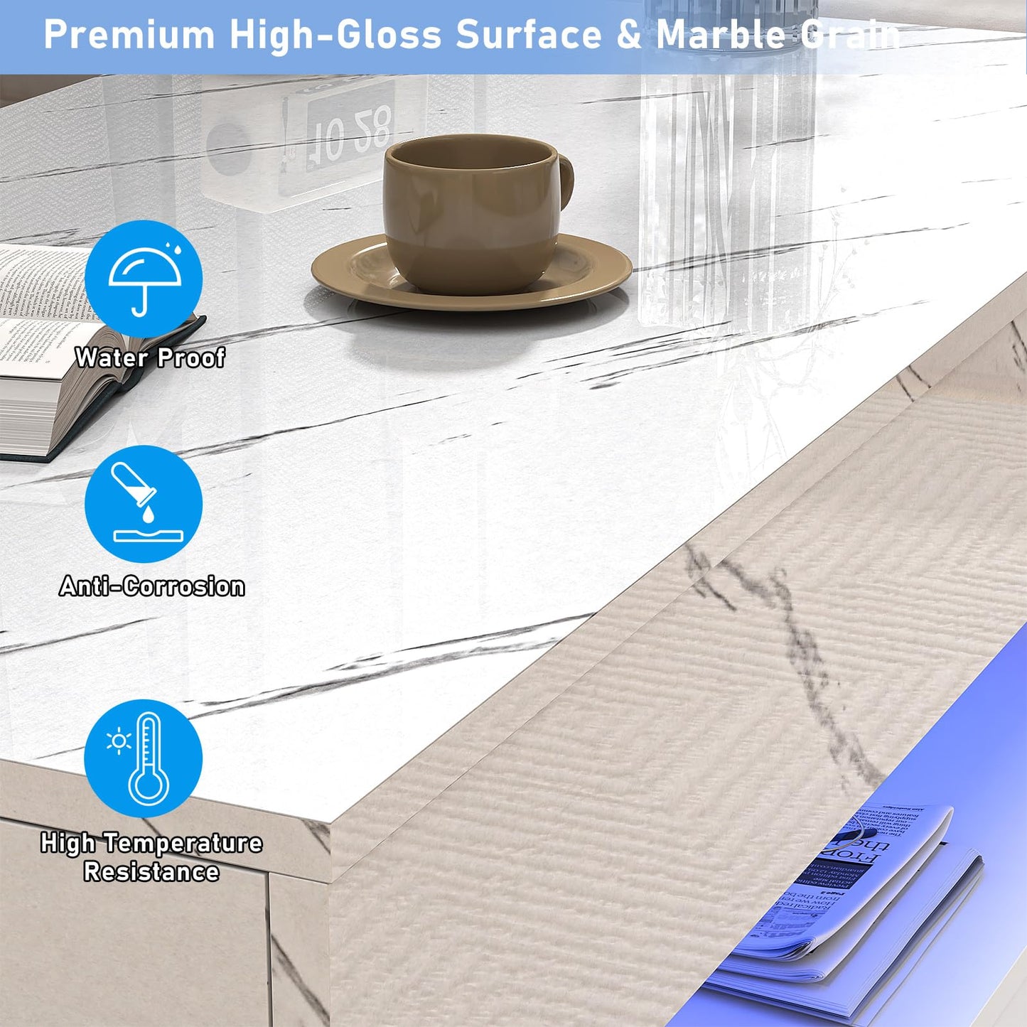 chartustriable 39.4" Large High-Glossy LED Coffee Table with 2 Sliding Drawers, Living Room Storage Coffee Tables with Marbling Print, Modern Stylish Double-Layer Center Tables w/LED Lights, White