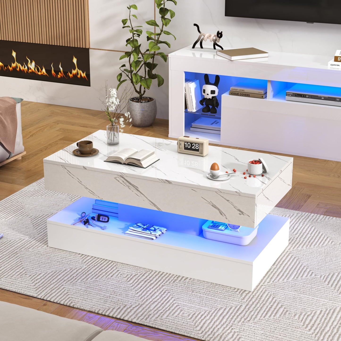 chartustriable 39.4" Large High-Glossy LED Coffee Table with 2 Sliding Drawers, Living Room Storage Coffee Tables with Marbling Print, Modern Stylish Double-Layer Center Tables w/LED Lights, White