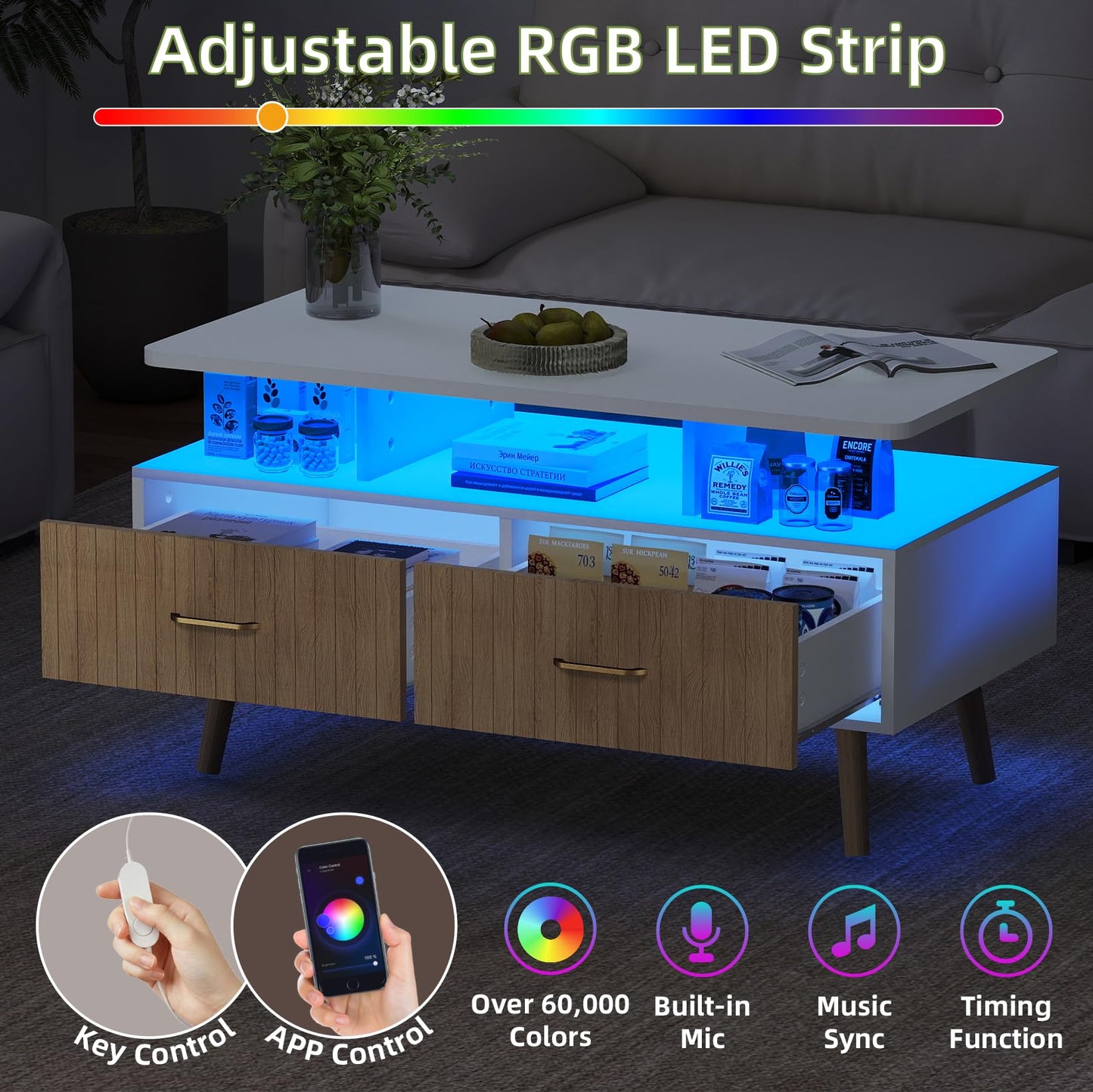 YOSHOOT 37" LED Coffee Tables with Storage, Small Coffee Table