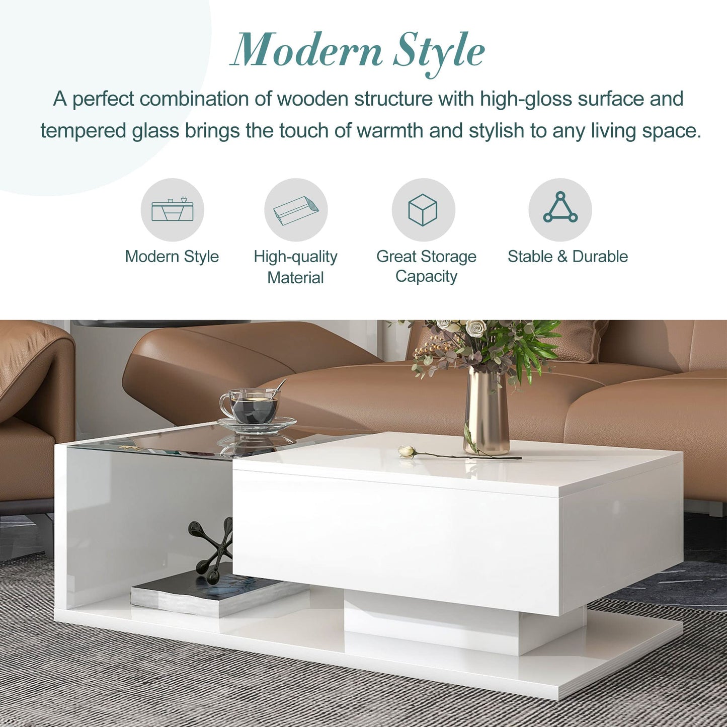 LUMISOL High-Gloss Center Table with Tempered Glass and Storage, White