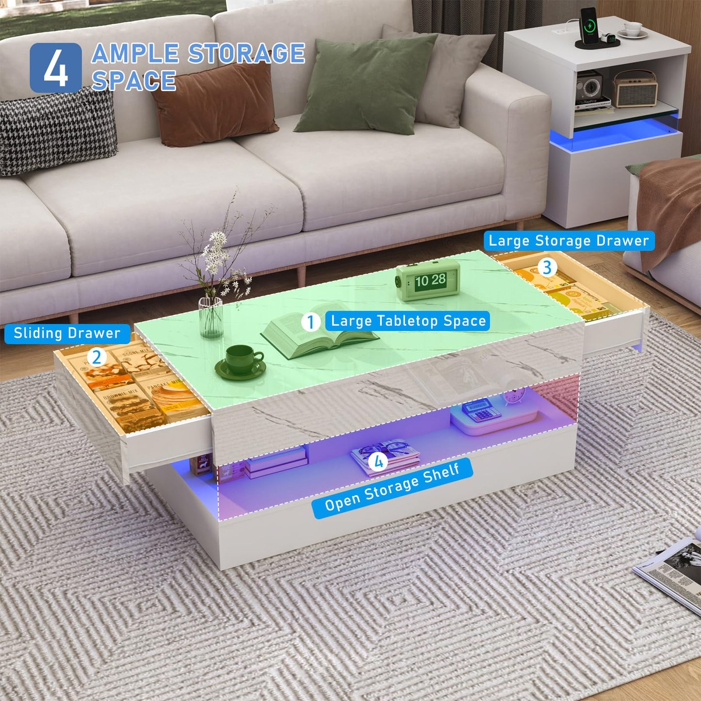 chartustriable 39.4" Large High-Glossy LED Coffee Table with 2 Sliding Drawers, Living Room Storage Coffee Tables with Marbling Print, Modern Stylish Double-Layer Center Tables w/LED Lights, White
