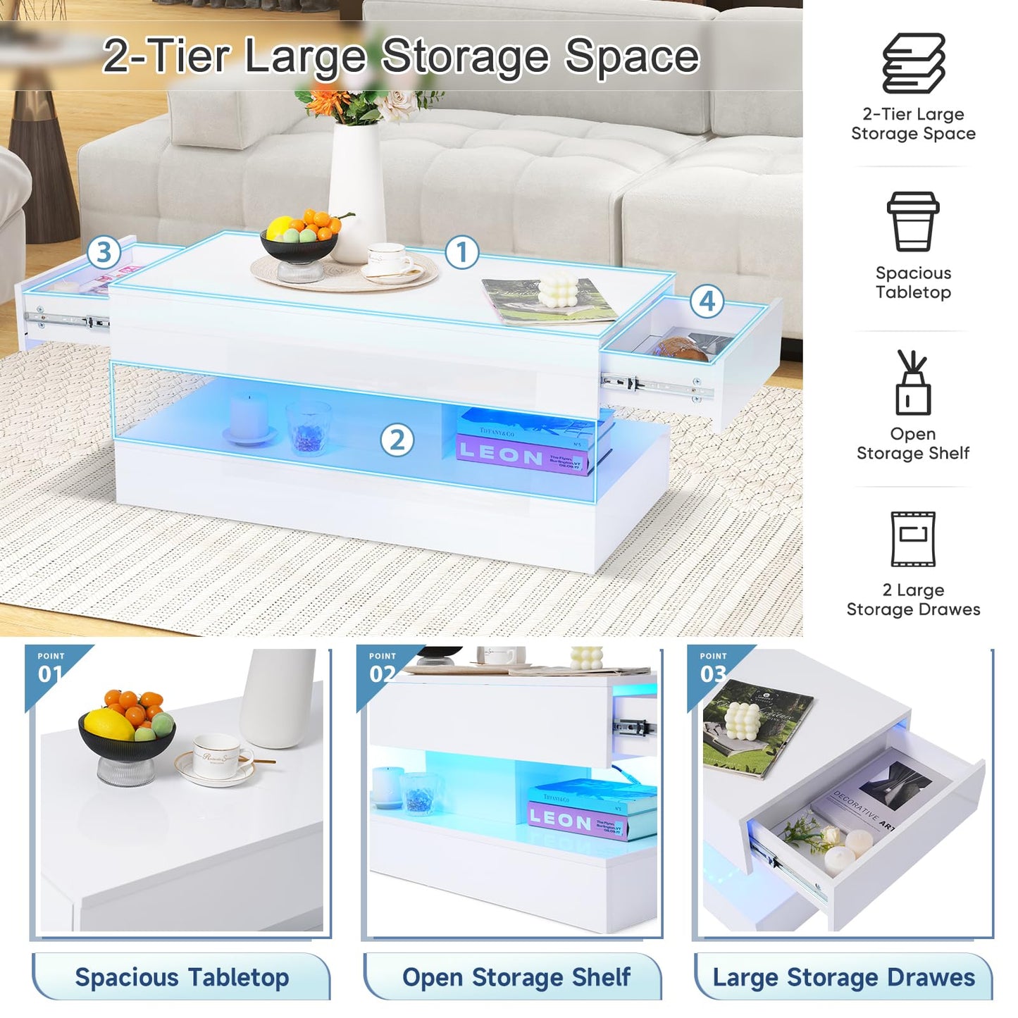 Verano Garden Modern High Gloss LED Coffee Table, 2-Tier Center Table