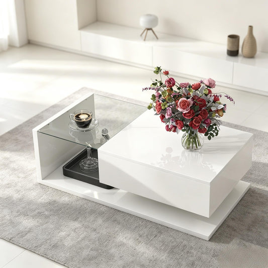 LUMISOL High-Gloss Center Table with Tempered Glass and Storage, White