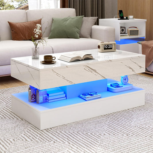 chartustriable 39.4" Large High-Glossy LED Coffee Table with 2 Sliding Drawers, Living Room Storage Coffee Tables with Marbling Print, Modern Stylish Double-Layer Center Tables w/LED Lights, White