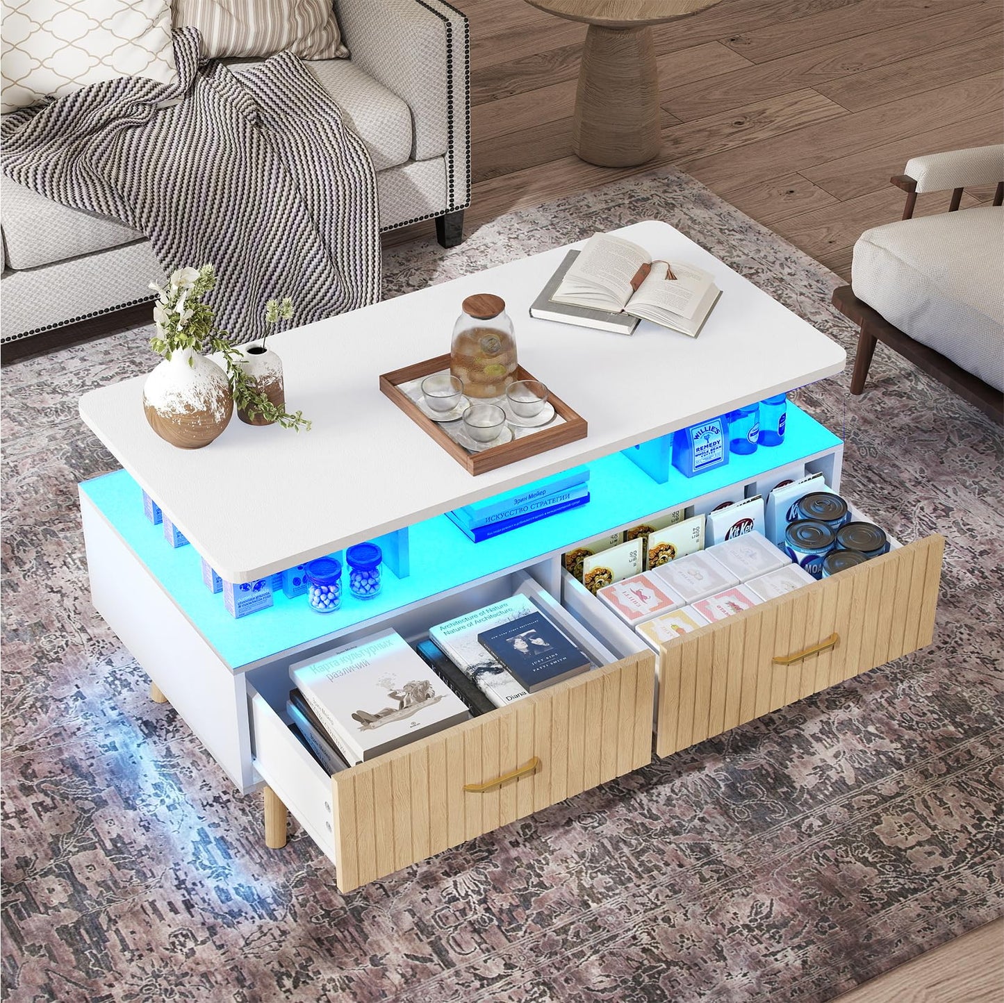 YOSHOOT 37" LED Coffee Tables with Storage, Small Coffee Table