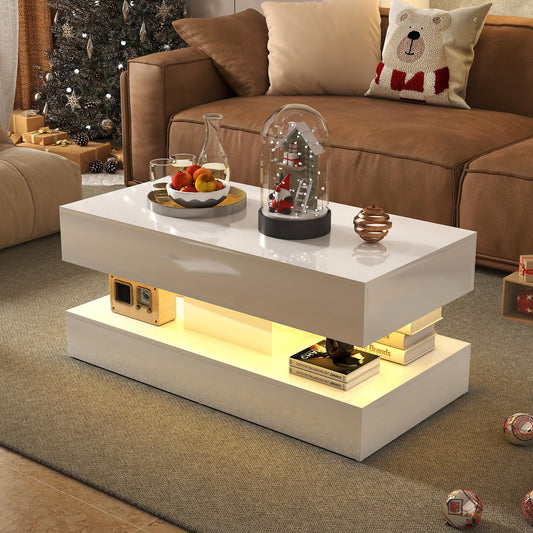 Verano Garden Modern High Gloss LED Coffee Table, 2-Tier Center Table